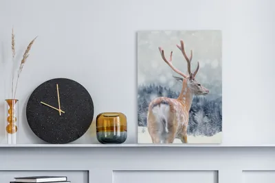 Produktbild von MuchoWow® - Leinwandbilder - Winter - Hirsche - Tiere, Wandbild, Wanddeko Bilder Wohnzimmer, 30x40 cm