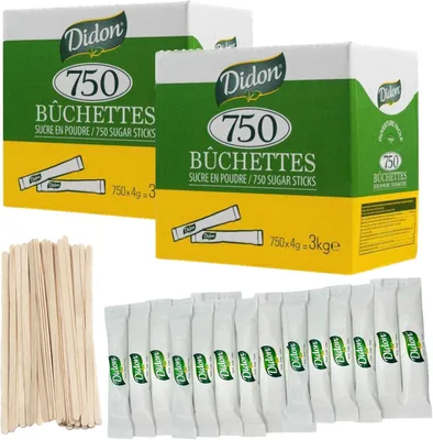 Produktbild von DIDON 1500 Zuckersticks (2 × 750 à 4 g – gesamt 6 kg) mit Holzrührstäbchen – ideal für Kaffee, Tee & Heißgetränke – sauberes, hygienisches Portioniere
