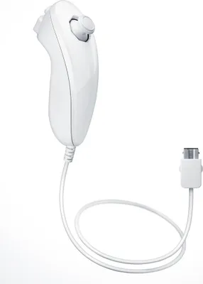 A white Nintendo Nunchuk controller with its cable and connector is shown against a white background.