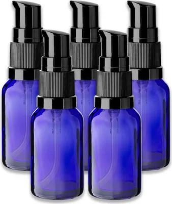 Produktbild von 5x Blaue Glasflasche 15 ml mit schwarzer Pumpe Spender Kosmetikflasche
