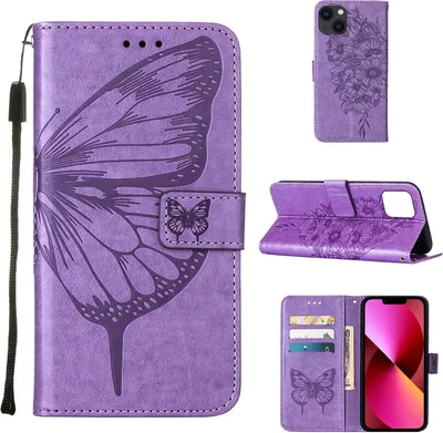 Produktbild von iPhone 13 Hülle, Schmetterling Prägung Flip Leder Kartenfächer Schutzhülle Ledertasche mit Ständer für iPhone 13 Violett
