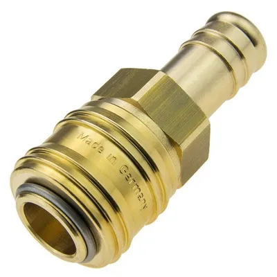 A close-up studio shot of a brass quick-release coupling with a hose barb.