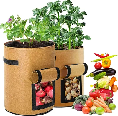 Produktbild von 2 Stück Pflanztasche Kartoffel Tomaten Erdnüsse Gemüse Pflanzsack Pflanzbeutel mit Sichtfenster und Griffen (30x35cm, Braun)