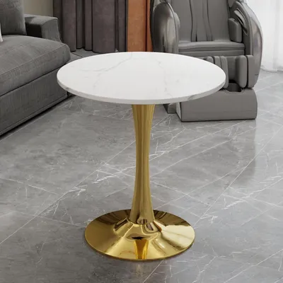 Produktbild von Couchtisch im Mid-Century-Modern-Stil geeignet für 2–4 Personen ausgestattet mit einer runden Marmor-Tischplatte mit Maserung
