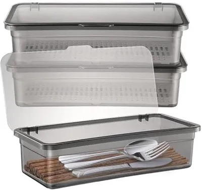 Produktbild von Drei-teilige Besteckbox mit Deckel - Kunststoff-Schublade - Besteck und Besteck in Grau