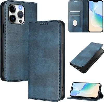 Produktbild von Handyhülle für iPhone 13 Pro, Vintage Leder RFID Schutz Kartenfach Standfunktion Magnetische Klapphülle Blau