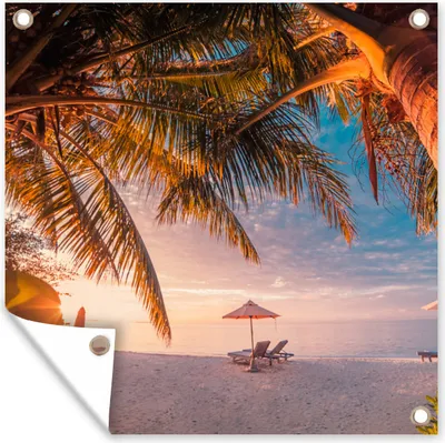 Produktbild von MuchoWow® 100x100 cm Outdoor-Poster Gartendeko Sichtschutz Garten Poster für den Garten  Strand - Palme - Meer