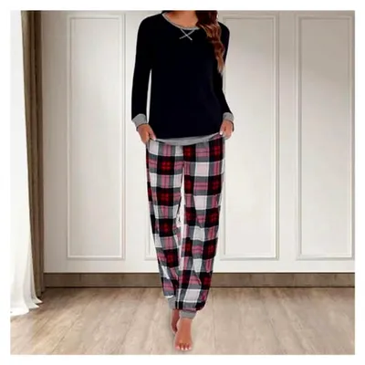 Produktbild von Kariertes Flanell Schlafanzug Set für Damen mit Bündchen