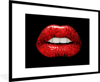 Produktbild von MuchoWow® MuchoWow® Gerahmtes Poster Lippen - Geld - Rot 90x60 cm - Poster mit zchwarzem Bilderrahmen - Wanddekoration - Fotos