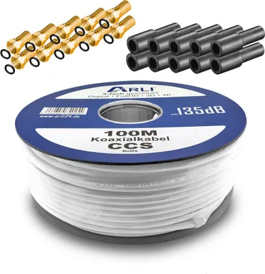 Produktbild von 100m ARLI Koaxialkabel – max. 135 dB 5-fach geschirmt UV-beständig + 10x vergoldete F-Stecker & 10x Gummitüllen für DVB-S DVB-T2 4K HDTV