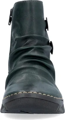 A close-up front view of a dark green ankle boot.