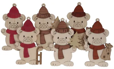 Holz-Weihnachtsbaum-Anhänger, 6er Set, Motiv Weihnachtsbär, 7 cm