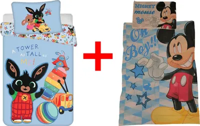 Produktbild von Kinderbettwäsche Bing Bunny und Micky Maus 100 x 135 Bettdecke + 40 x 60 cm Kopfkissen, 100% Baumwolle für Babys, Kinder, Geschenk-Set