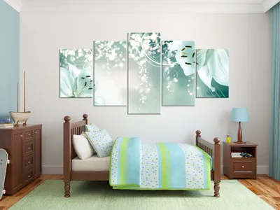 Produktbild von Akustikbild Blumen silber 200x100 cm Bilder Akustikschaum Hochleistungsschallabsorber Schallschutz Leinwand 5 tlg Wandbild Raumakustik Schalldämmung b-A-0031-b-o