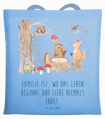 Produktbild von Mr. & Mrs. Panda Schultasche Waldtiere Picknick - Sky Blue - Geschenk, Wald, Einkaufstasche, Eichhörnchen, Hase, Lustige Sprüche, Tote Bag, Tasche, totebag, Igel, Fuchs