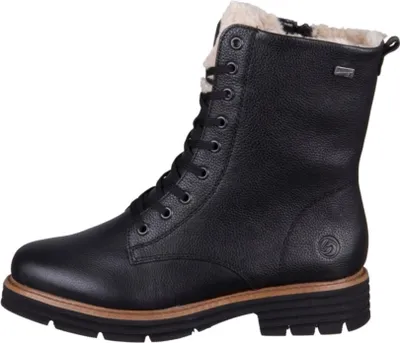 A black leather boot with fur lining.
