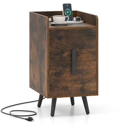Produktbild von COSTWAY Nachttisch mit Ladestation, schmaler Nachtschrank mit 2 Schubladen & Metallbeinen, Beistelltisch, Nachtkommode 40x32x60cm Rustikales Braun