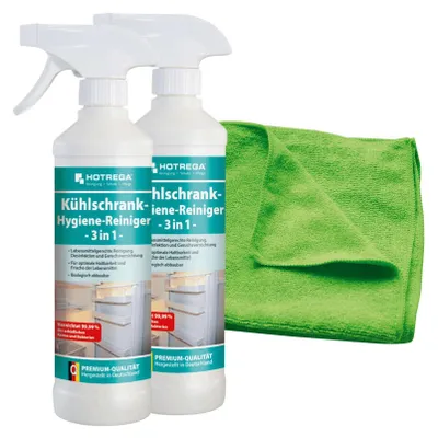 Produktbild von HOTREGA Kühlschrank Hygiene Reiniger 3in1 2x 500ml inkl. Microfasertuch Micro Top, Haushaltsgerätereiniger