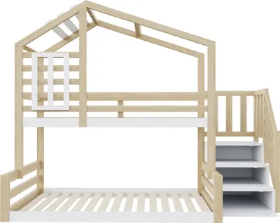 Immagine prodotto di Letto a castello, 90×200 cm, legno di pino, letto con finestra, cornice, ringhiera, scaletta con vano portaoggetti, finitura naturale