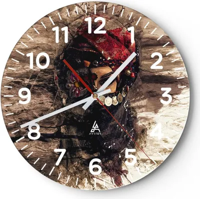 Produktbild von Wanduhr - Rund - Glasuhr - Frau Folklore - 40x40cm - Schleichendes Uhrwerk - Lautlos - zum Aufhängen bereit - Dekoration Modern - Wanddekoration aus Glas - C4AR40x40-3858
