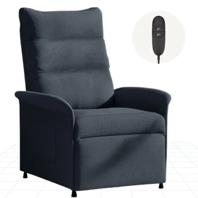 A dark gray recliner chair with a remote control shown in a circular inset.