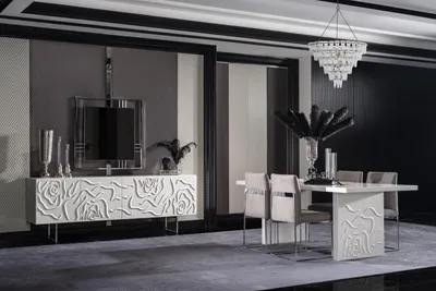 Produktbild von Elegantes weißes Esszimmer Set aus Holz mit Spiegel und Sideboard