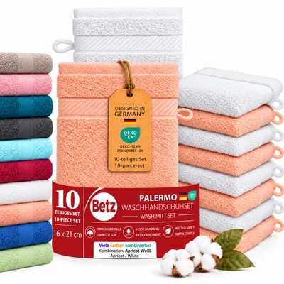 Produktbild von Betz 10 Stück Waschhandschuhe 16x21 cm PALERMO 100% Baumwolle  Farbe: weiß / apricot