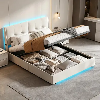 Produktbild von INONEFT Boxspringbett 160x200cm mit LED und lattenrost, Polsterbett doppelbett mit hydraulik stauraum, Jugendbett,Bettgestell, Samt,Beige