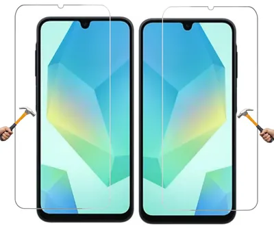 Two screen protectors are shown on white background, with hands holding hammers to demonstrate their durability.