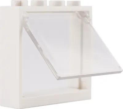 A white LEGO brick with a transparent hinged window, shown from a slightly elevated diagonal angle.