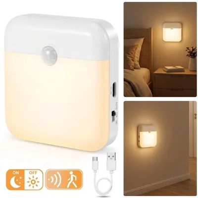 Image de 1Pc LED Veilleuse Avec Détecteur de Mouvement USB Rechargeable Lumière Crépusculaire Blanc Chaud pour Escaliers, Couloir, Armoire