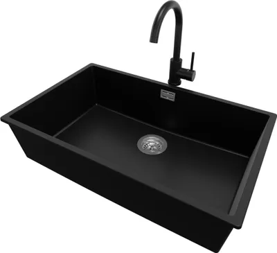 Produktbild von PRIMAGRAN Unterbauspüle Granit Schwarz 76x47cm, Spülbecken 1 Becken + Küchenarmatur 32x20cm + Ablauf-Set, Granitspüle ab 80er Unterschrank - London
