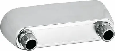 A chrome-plated plumbing fixture component with threaded connectors.