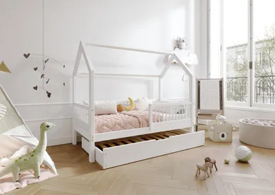 Produktbild von TIMBEE ZOJA Duo Hausbett Doppelbett Kinderbett Holz Bett mit Schublade mit Schlaffunktion - Weiß - 70x140cm