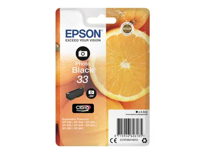 Produktbild von Epson Oranges Singlepack Photo Black 33 Claria Premium Ink, Foto schwarz, Tinte auf Farbstoffbasis, 4,5 ml, 1 Stück(e), 200 Seiten