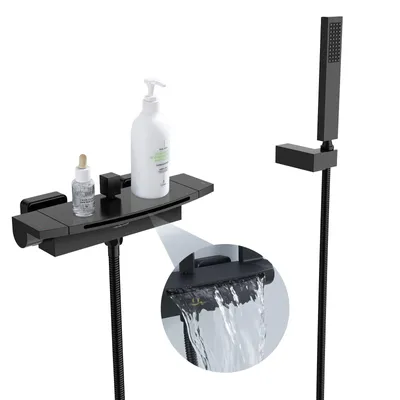 Produktbild von Homelody Wasserfall Badewannenarmatur mit Regal，Wannenarmatur mit Handbrause，Badewanne Armatur Duscharmatur für Bad, Schwarz matt，Komplett Duschset