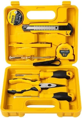 A yellow tool kit with various tools laid out inside.