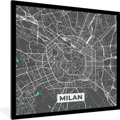 Produktbild von MuchoWow® Gerahmtes Poster Mailand - Stadtplan - Blau - Karte 40x40 cm - Poster mit Schwarzem Bilderrahmen Wandposter Rahmen Foto Bilder - Mit Rahmen - Wanddekoration Schlafzimmer