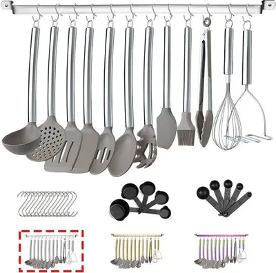 Image de Ensemble de 38 ustensiles de cuisine Unyqoos® – Têtes en silicone et manches en acier inoxydable, comprenant un support et 14 crochets, lavable au lave-vaisselle, sans BPA
