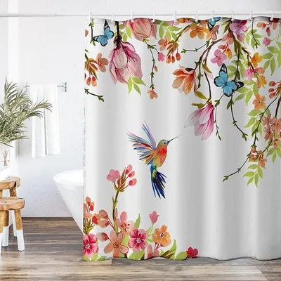 Produktbild von Famanu Duschvorhang Polyester, 183 x 183 cm, schimmelresistent, waschbar, digitale Drucktechnik, bunte Kolibri-Designs