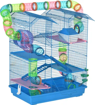 Produktbild von PawHut Hamsterkäfig, mehrstufig, für Kleintiere, mit 4 Plattformen, Futternapf, Tränke, Übungsrad, Treppen, Rohrsystem, 47 x 30 x 59 cm, Blau