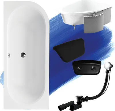 Produktbild von Badewanne Eckwanne Set 5in1 170x75 Links + Premium Ablaufgarnitur und Füßen GRATIS + Verkleidung (Styropor) + Kopfstütze Schwarz | BADLAND AVITA