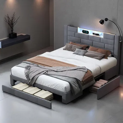 Produktbild von ProximaX Polsterbett 140x200 cm Grau | 3 Schubladen mit LED & USB, Bettkopf-Speicher, Samt Doppelbett für Erwachsene & Jugendliche