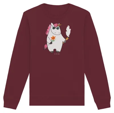 Produktbild von Mr. & Mrs. Panda Baumwoll Sweatshirt Einhorn Woodstock Größe XS - Burgundy - Geschenk, Pullover, Party, Kiffen, Einhörner, Sweater, Alkohol, Pulli, Organic Baumwolle
