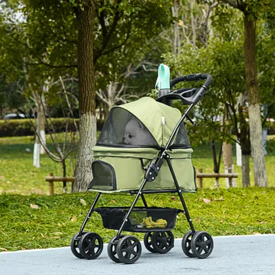 Produktbild von Hundewagen mit 2 Sicherheitsleinen & Doppelräder, Hundebuggy klappbar, 360°-Vorderräder, Dunkelgrün | 67 x 45 x 96 cm | 5 kg | Stahl & Oxfordstoff