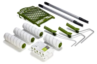 Produktbild von Maler-Set 21-teilig | Farbroller 25 cm, 18 cm, 10 cm | Farbwalzen-Bügel, Abstreifgitter 26 x 30 cm | Maler-Teleskopstange 0,80-1,30 m | Malerwerkzeug