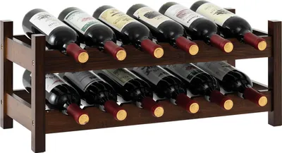 A wooden wine rack holding 12 bottles of red wine, with two shelves.