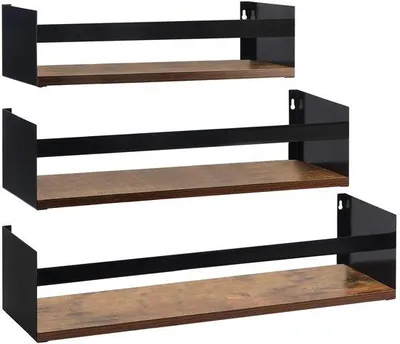 Image de Ensemble de 3 étagères murales flottantes Ibenzoa® – plateaux en bois rustique avec supports en métal noir, dimensions : 61×15×15,3 / 50,8×14×13,5 / 40×13×11,7 cm