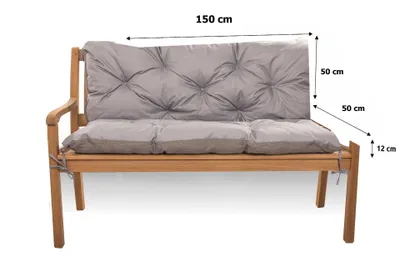 A wooden bench with gray cushions, shown from the front with dimensions indicated.