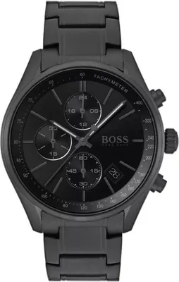 A black Hugo Boss chronograph watch with a metal band, displayed against a black background.
